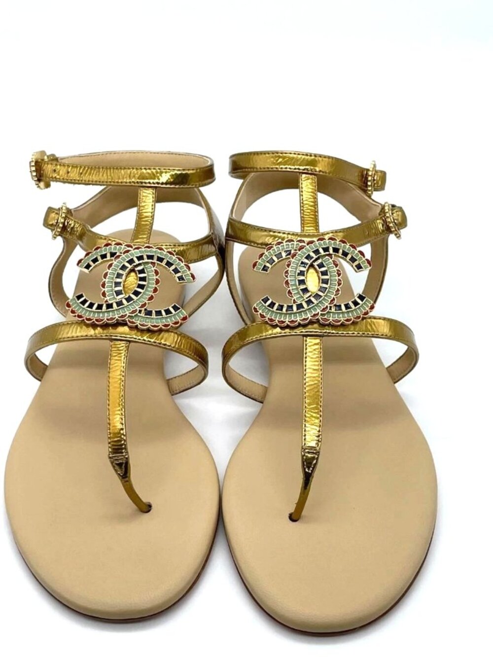 CHANEL 19A Leather CC Logo Thong T Strap Flat Gladiator Sandals Shoes
